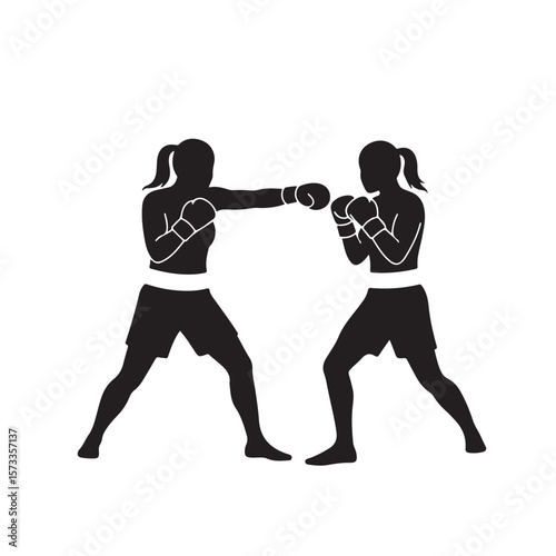 Black silhouette of two female boxers sparring with focus and intensity, transparent background