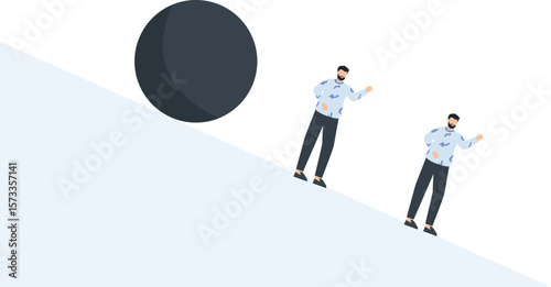 Abstract illustration of a large black sphere rolling down a slope with two men, conceptual design,black sphere, abstract design, rolling sphere, two figures, patterned shirt, dark pants, light blue,