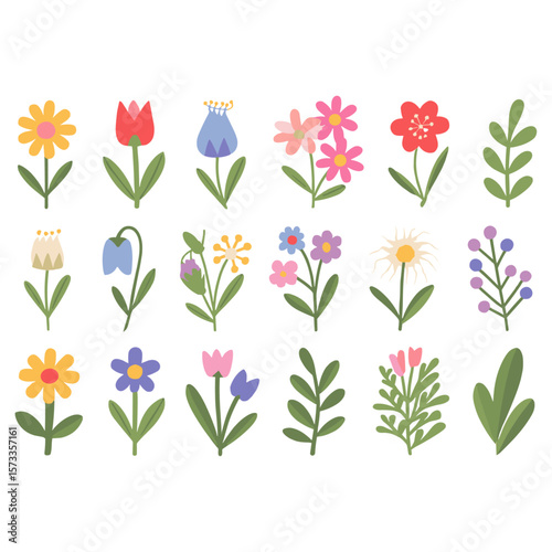 Cartoon vector illustration icon isolated featuring a variety of colorful spring flowers and leaves.