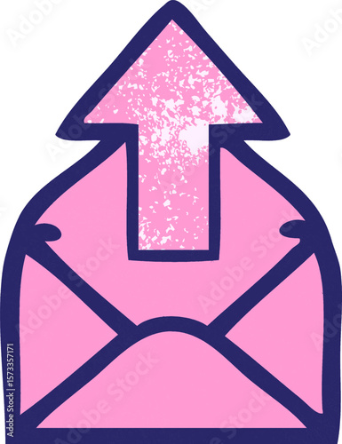 retro grunge texture cartoon of a envelope with arrow in bright neon color