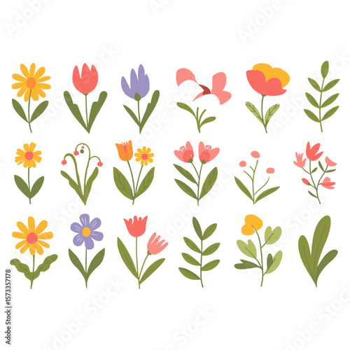 Cartoon vector illustration icon isolated featuring a variety of colorful spring flowers and leaves.