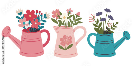cottage core flower bouquets in watering cans and pitcher ? vintage floral arrangements vector illustration set for cards, packaging, spring decor and crafts