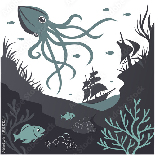 Illustration of a giant squid above a shipwreck with fish and coral in an underwater environment scene