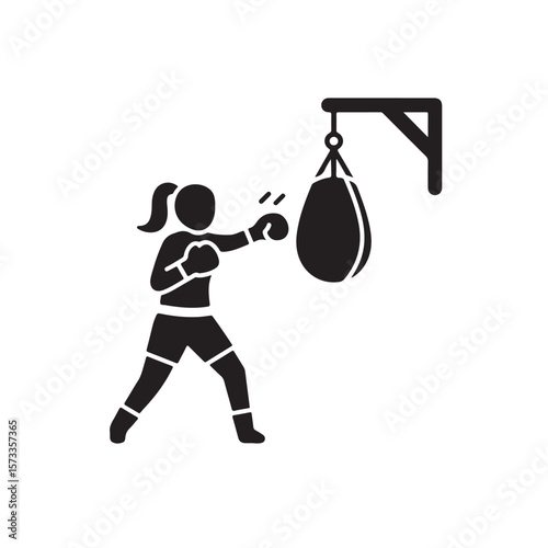 Silhouette of a young woman with boxing gloves striking a punching bag with transparent background