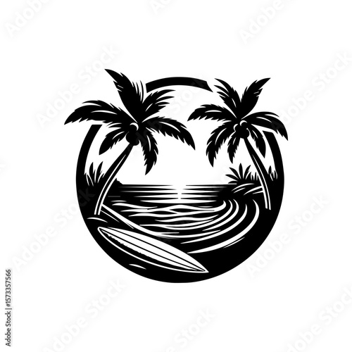 Black and white graphic illustration of a tropical beach scene with palm trees, surfboard, and ocean waves inside a circle.