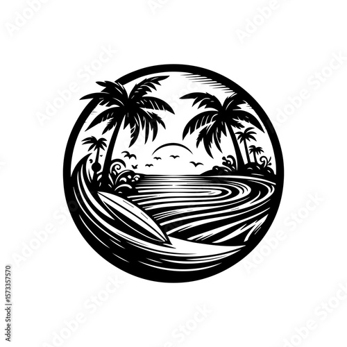 Circular graphic featuring a tropical beach scene with palm trees, surfboard, waves, and birds in flight.