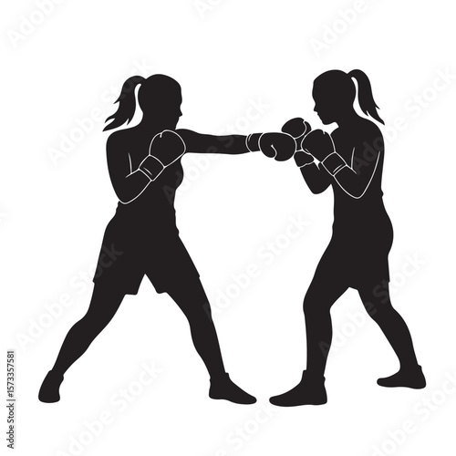 Silhouetted female boxers spar, one throwing a punch, showing the intensity of sports silhouette