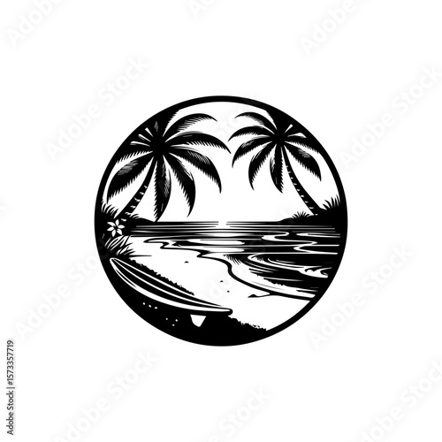 Circular illustration of a tropical beach scene with palm trees, surfboard, and ocean waves.