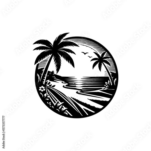 A stylized black and white illustration of a tropical beach scene with palm trees and the ocean.