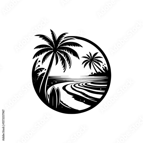 A stylized black and white illustration of a tropical beach scene with palm trees.