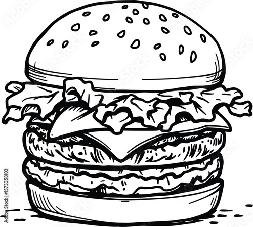 Black-and-White Vector Illustration of Layered Hamburger – Single-Item Food Icon