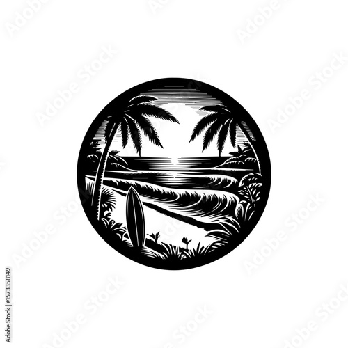 Circular graphic of a tropical beach scene with palm trees, surfboard, waves, and a setting sun.