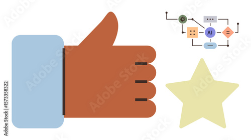 Thumbs up, AI flowchart, and star representing approval, automation, performance, quality, feedback, decision-making and recognition. Ideal for AI processes teamwork reviews success and simple