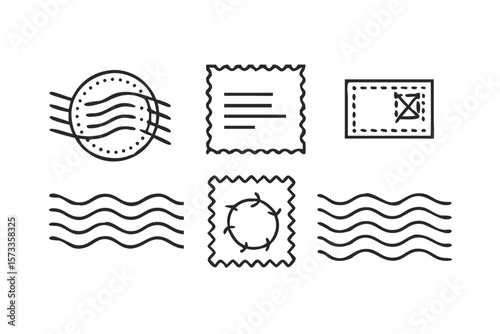 Collection of stylized line art icons representing postage stamps and wavy lines on a black background
