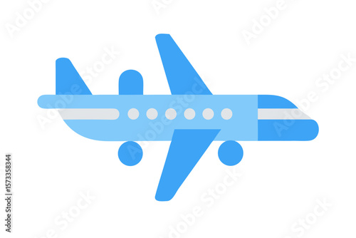 Simple blue passenger airplane flying in the sky with windows and wings