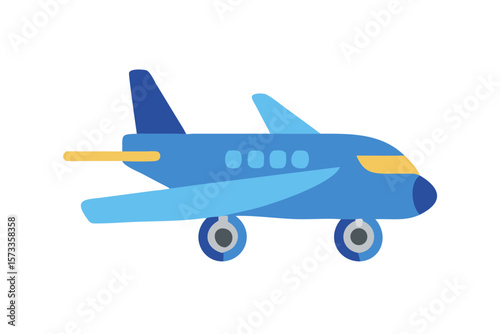 A simple blue airplane with yellow accents and wheels is depicted in a side view against a black background