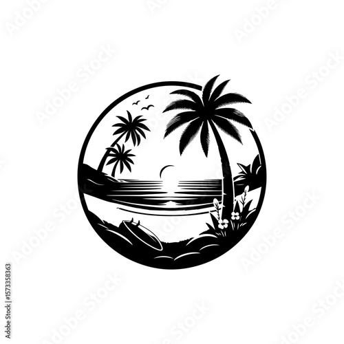 Silhouette of a tropical beach scene with palm trees, ocean, and surfboard.