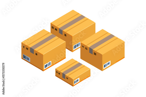 Isometric view of four cardboard shipping boxes with barcodes and tape on a black background