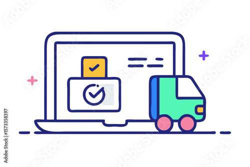 Digital logistics concept with a truck and checkmarks on a laptop screen