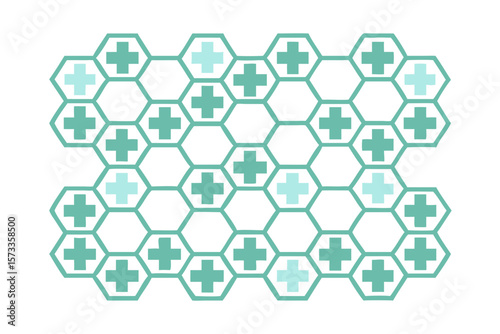 Abstract pattern of teal hexagonal cells with plus signs inside against a black background