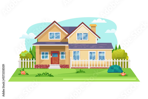 Charming yellow suburban house with white picket fence and green lawn under a blue sky