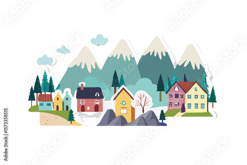 Charming illustration of a picturesque village nestled at the base of snow capped mountains