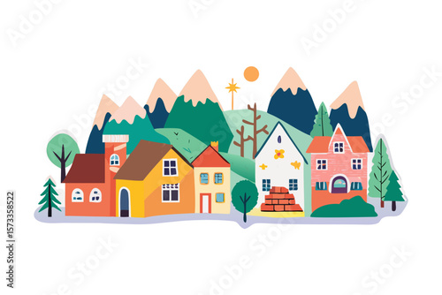 Charming colorful village nestled in a valley with mountains and a bright sun overhead