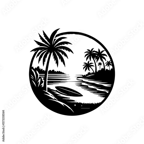Black and white illustration of a tropical beach scene with palm trees and a surfboard.