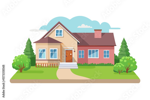 Charming suburban house with a green lawn trees and a cloudy blue sky background
