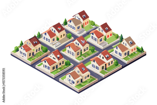 Isometric view of a suburban neighborhood with diverse houses and green lawns against a black background