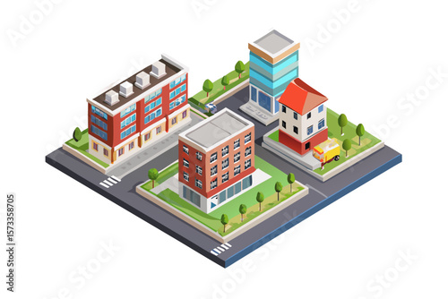 Isometric view of a city block featuring diverse buildings trees roads and a yellow vehicle