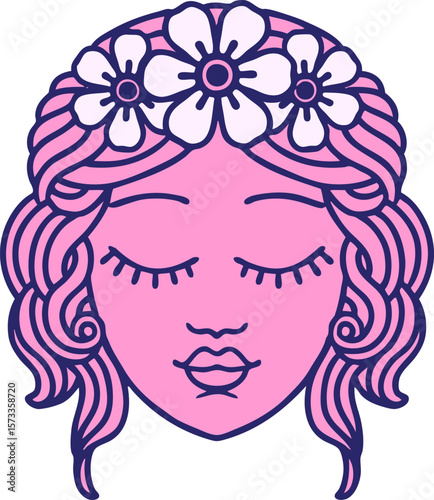 tattoo in traditional style of female face with eyes closed in bright neon color
