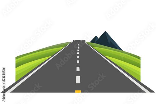 A straight asphalt road with white dashed lines curves through green rolling hills towards dark mountains