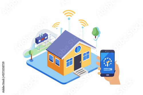 Modern smart home technology concept with a hand holding a smartphone controlling connected devices via wireless signals