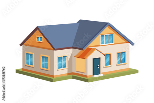 Charming detached suburban family house with a blue roof and orange accents on a green lawn