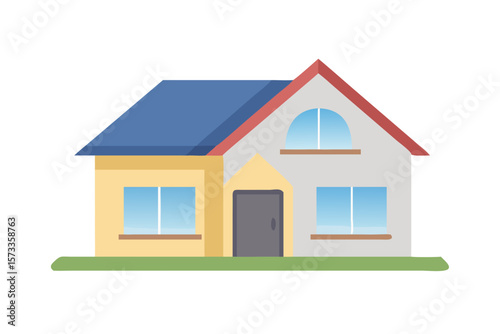 Stylized illustration of a detached family house with a blue roof and yellow and grey walls