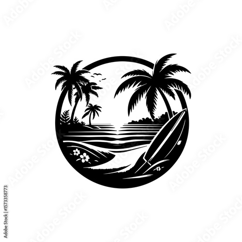 Silhouette of a tropical beach scene featuring palm trees, surfboard, and ocean.