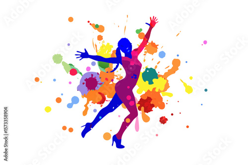Vibrant silhouette of a dancing woman amidst colorful paint splatters and droplets