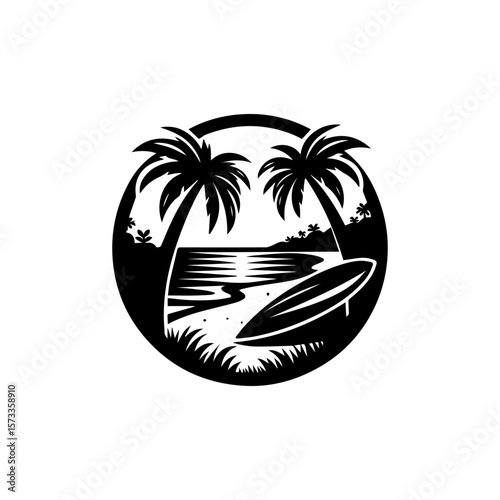 Black and white illustration of a beach scene with palm trees and a surfboard.