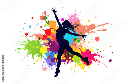 Silhouette of a dancer leaping amidst a vibrant explosion of colorful paint splatters and splashes