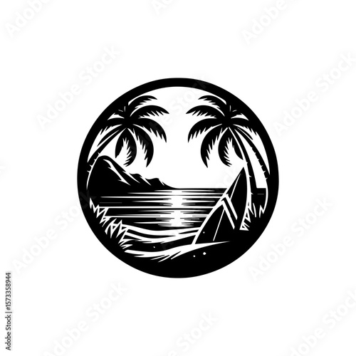 Black and white circular illustration of a tropical beach scene with palm trees, surfboard, and ocean waves.