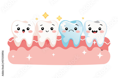 Cute cartoon teeth showing different stages of health including decay healthy white and sensitive blue teeth