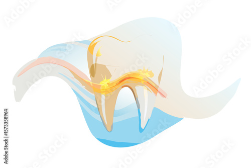 Abstract graphic representation of a tooth with internal inflammation and pain depicted by glowing yellow and orange energy waves