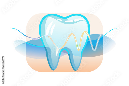 Stylized illustration of a healthy tooth being cleaned with dental floss and water jets