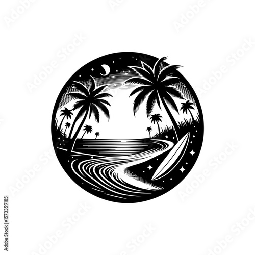 Nighttime beach scene with palm trees and surfboard in a circular design.