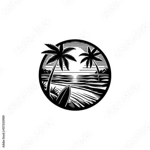 A black and white illustration of a beach scene with palm trees and a surfboard.