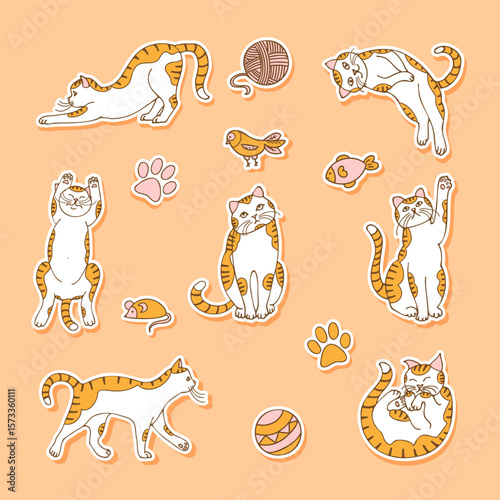 a set of colored stickers of red cats and toys, hand-drawn in a cartoon style.