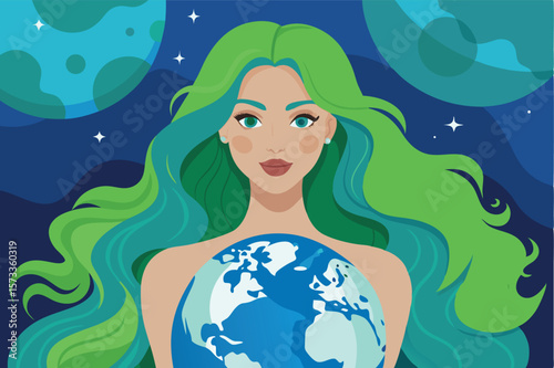Mother earth holding the globe, environmental conservation concept, eco-friendly vector illustration, sustainability, planet protection, green initiative