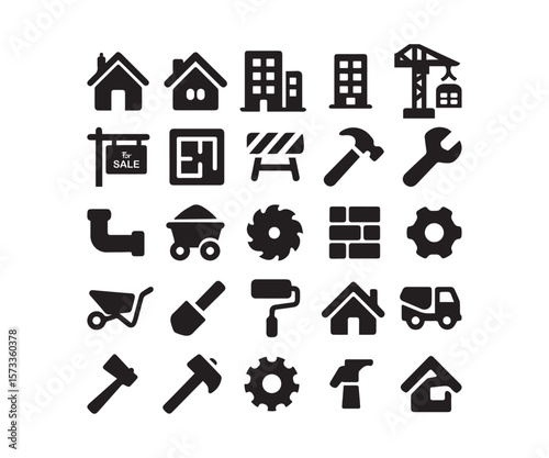 House, Building & Construction Black Solid Icons: Real Estate & Tools Set