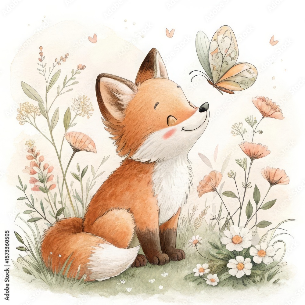 Fototapeta premium Cute Watercolor Fox with Butterfly in Flower Meadow – Woodland Baby Fox Nursery Wall Art Clipart